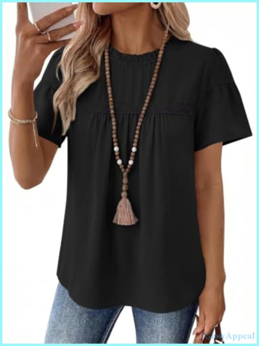 Womens Boho Babydoll Top Lace Mock Neck Short Sleeve Blouse
